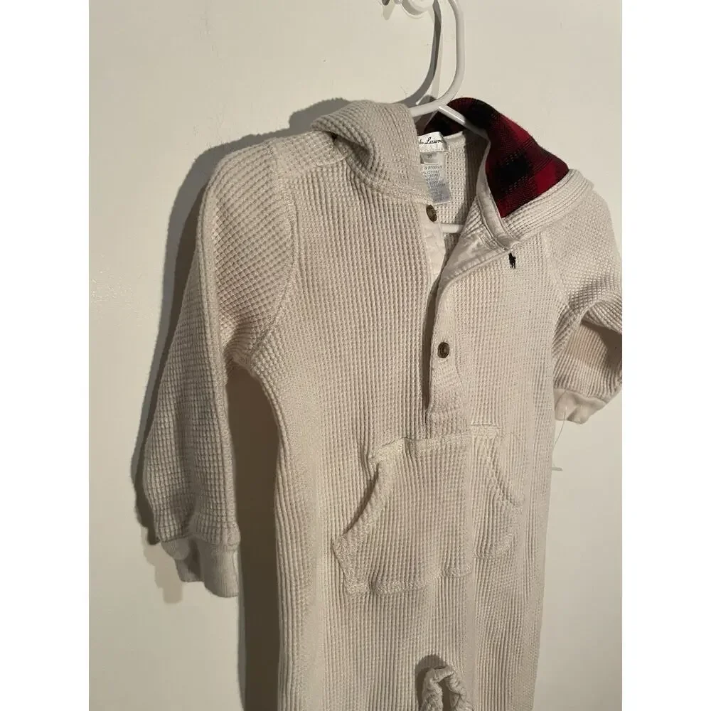 Ralph Lauren Cream Waffle‎ Jumpsuit 9 Month With Plaid Hood